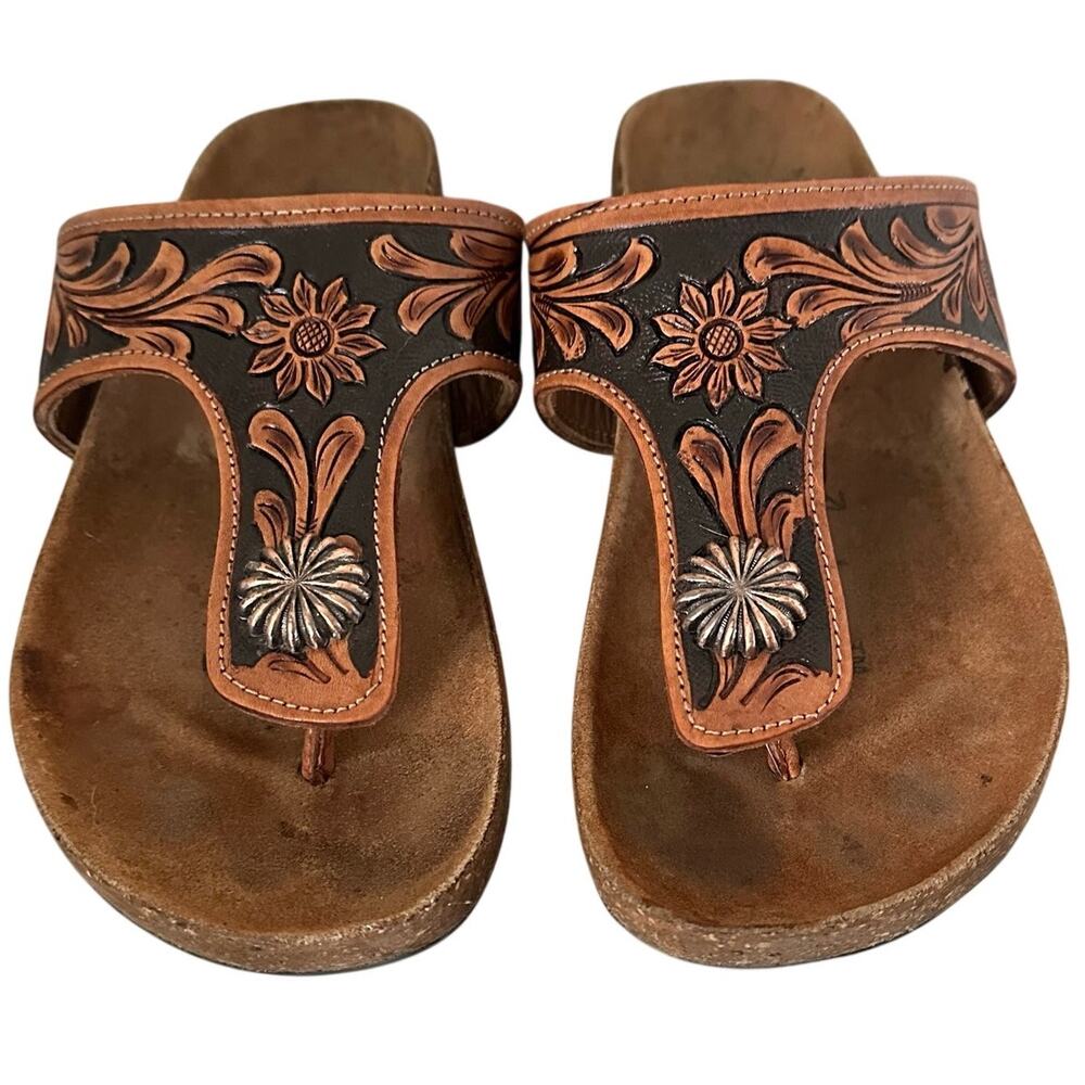 American Darling Sandals Women's 10 Brown Tooled Leather Western Concho